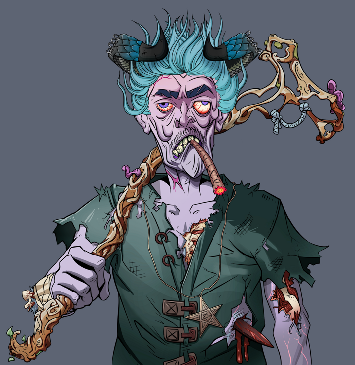 Raikou The Stoner — Degen Dojo NFT art (Shirtless Runt, Shoji Night, Demons, Dirty Peasant Rags, Raikou The Stoner, Black Oni Horns, Wooden Walking Cane, Mint)