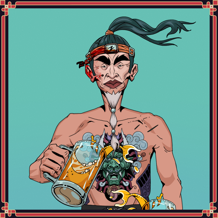 Yuji The Wise — Degen Dojo NFT art (Shirtless Runt, Teal Daytime, Yuji The Wise, Blue Oni Tattoo, Degen, Green Bandana, 131, Beer Splash, Framed)