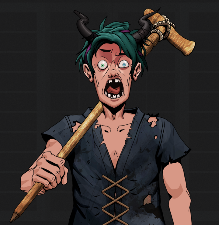 Tokuda — Degen Dojo NFT art (Shirtless Runt, Shoji Night, Degens, Black Peasant Sack, Tokuda, Black Oni Horns, Wooden Walking Cane, Mint)