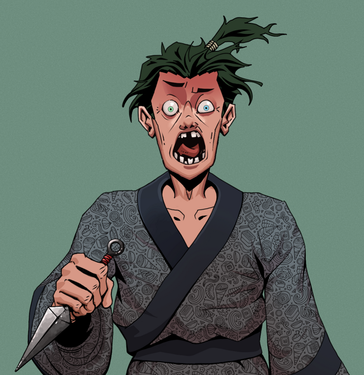 Tokuda — Degen Dojo NFT art (Shirtless Runt, Olive Green, Degens, Sushi Love Loose Kimono, Tokuda, Messy Ponytail, Kunai, Mint)