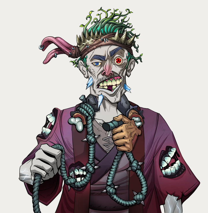 Akuma — Degen Dojo NFT art (Shirtless Runt, Warm Grey, Demons, Red Warrior Kimono, Akuma, Degen Dojo Headband, Noose, Mint)