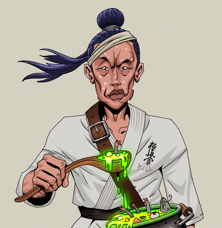 Stresshead Rin — Degen Dojo NFT art (Shirtless Runt, Warm Grey, Degens, Student Gi, Stresshead Rin, Long Flowing, Shaman Soup, Mint)
