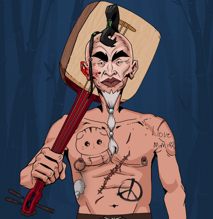 Yuji The Wise — Degen Dojo NFT art (Shirtless Runt, Night Forest, Degens, Recovering Alcoholic, Yuji The Wise, Dejen Samurai, Shamisen, Mint)