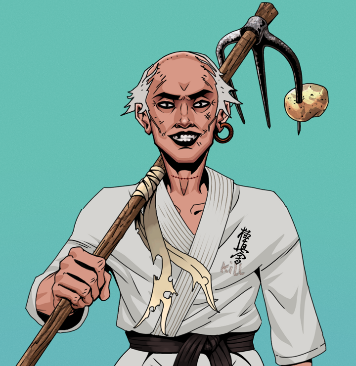 Junichiro Reborn — Degen Dojo NFT art (Wooden Loop, Teal Daytime, Degens, Student Gi, Junichiro Reborn, Shirtless Runt, Kung Fu Master, Farmers Hoe, Mint)