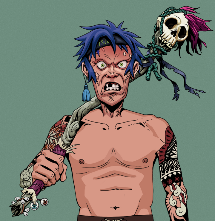 Angry Ikari — Degen Dojo NFT art (Tassel, Olive Green, Degens, Yakuza Tattoo Sleeves, Angry Ikari, Shirtless Runt, Bum Headband Ruffian, Shaman Skull Staff, Mint)