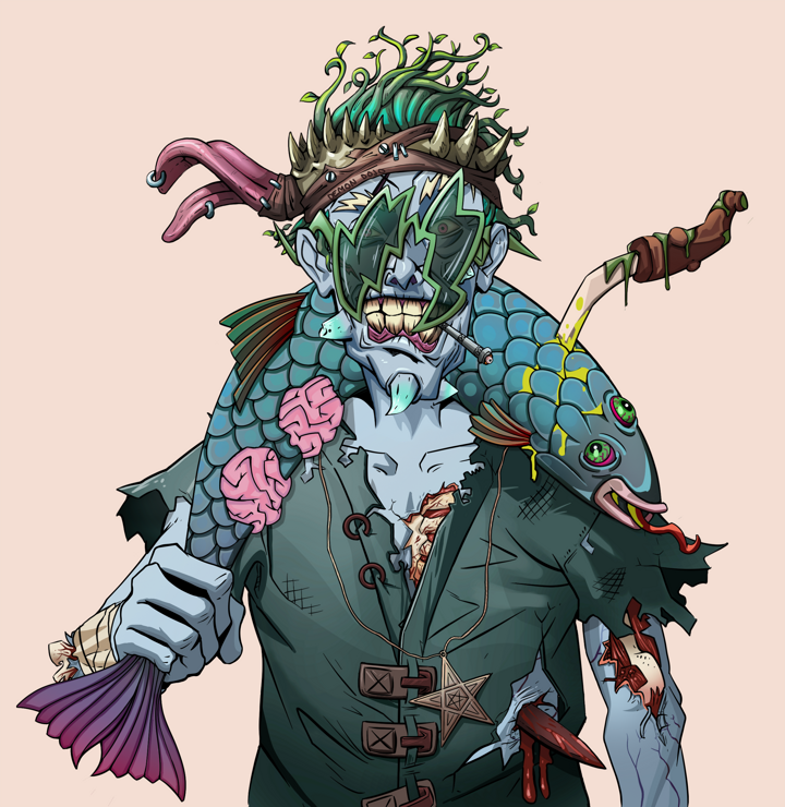 One-Eyed Itsuki — Degen Dojo NFT art (Shirtless Runt, Orange Afternoon, Demons, Dirty Peasant Rags, One-Eyed Itsuki, Shoji Glasses, Degen Dojo Headband, Dead Fish, Mint)