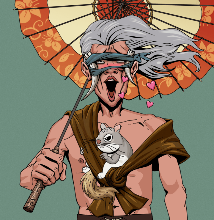 Lovey Haruto — Degen Dojo NFT art (Shirtless Runt, Olive Green, Degens, Little Momonga Friend, Lovey Haruto, Tied Horns, Wise Greatness, Floral Parasol, Mint)
