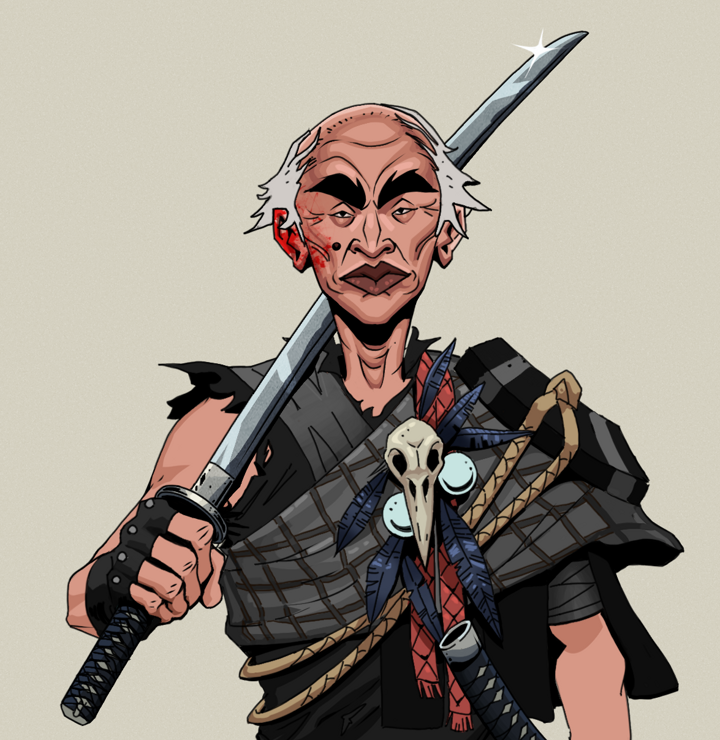 Young Yuji — Degen Dojo NFT art (Shirtless Runt, Warm Grey, Degens, Bird Shaman, Young Yuji, Kung Fu Master, Katana, Mint)