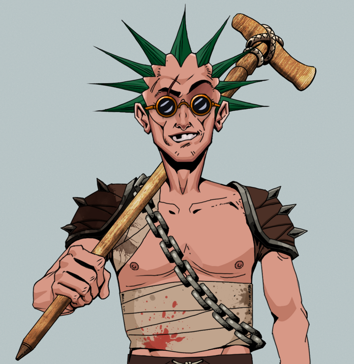 One-Eyed Itsuki — Degen Dojo NFT art (Shirtless Runt, Light Grey, Degens, Mercenary, One-Eyed Itsuki, Dark Spectacles, Zapachi, Wooden Walking Cane, Mint)