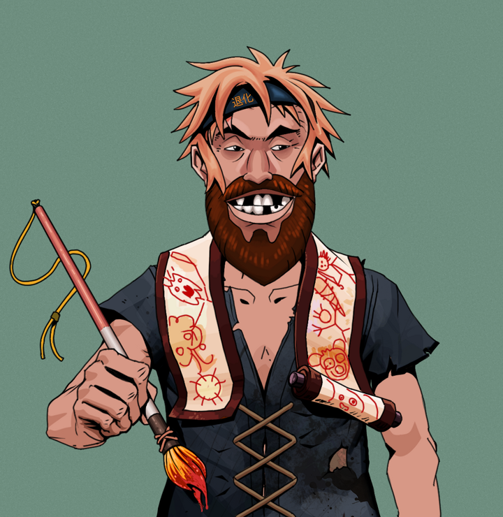 Igor The Bear — Degen Dojo NFT art (Shirtless Runt, Olive Green, Degens, Black Peasant Sack, Igor The Bear, Tiger Headband Ruffian, Paintbrush, Mint)