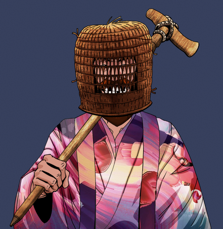 Igor The Bear — Degen Dojo NFT art (Shirtless Runt, Blue Evening, Degens, Autumn Sakura Kimono, Igor The Bear, Tengai Basket, Wooden Walking Cane, Mint)