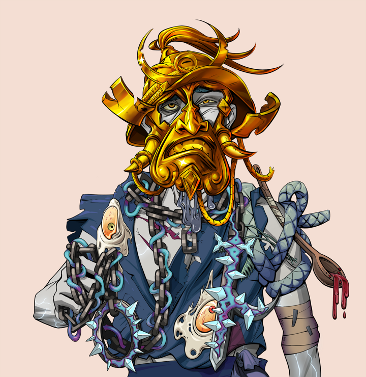 Yuuki — Degen Dojo NFT art (Shirtless Runt, Orange Afternoon, Demons, Glutton Fight, Yuuki, Golden Kabuto, Heavy Kyoketsu, Mint)