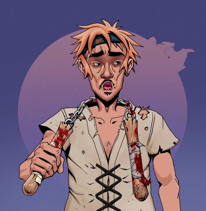 Masumi Steel — Degen Dojo NFT art (Shirtless Runt, Purple Night, Degens, Rice Sack Rags, Masumi Steel, Tiger Headband Ruffian, Bloody Nunchucks, Mint)