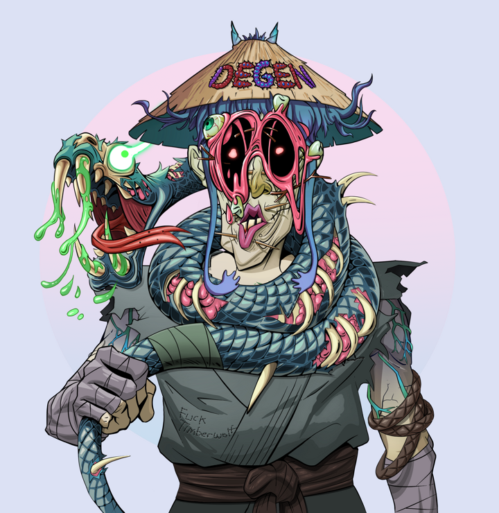 Edmundo — Degen Dojo NFT art (Shirtless Runt, Purple Night, Demons, Student Gi, Edmundo, Pocket Glasses, Degen Graffiti Rice Hat, Enchanted Snake, Mint)