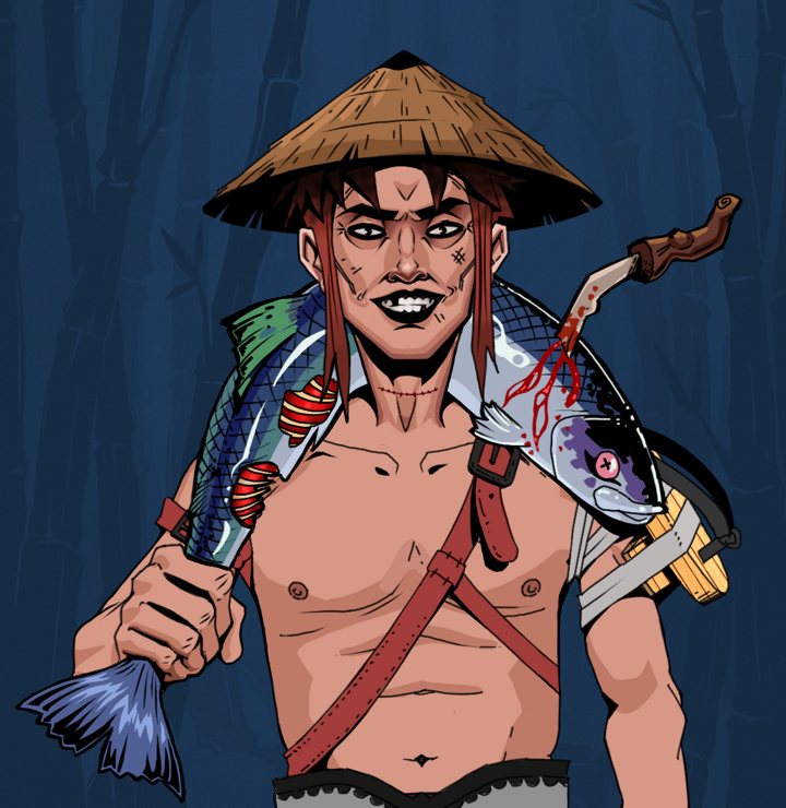 Junichiro Reborn — Degen Dojo NFT art (Shirtless Runt, Night Forest, Degens, Strap On Geta, Junichiro Reborn, Rice Hat, Dead Fish, Mint)