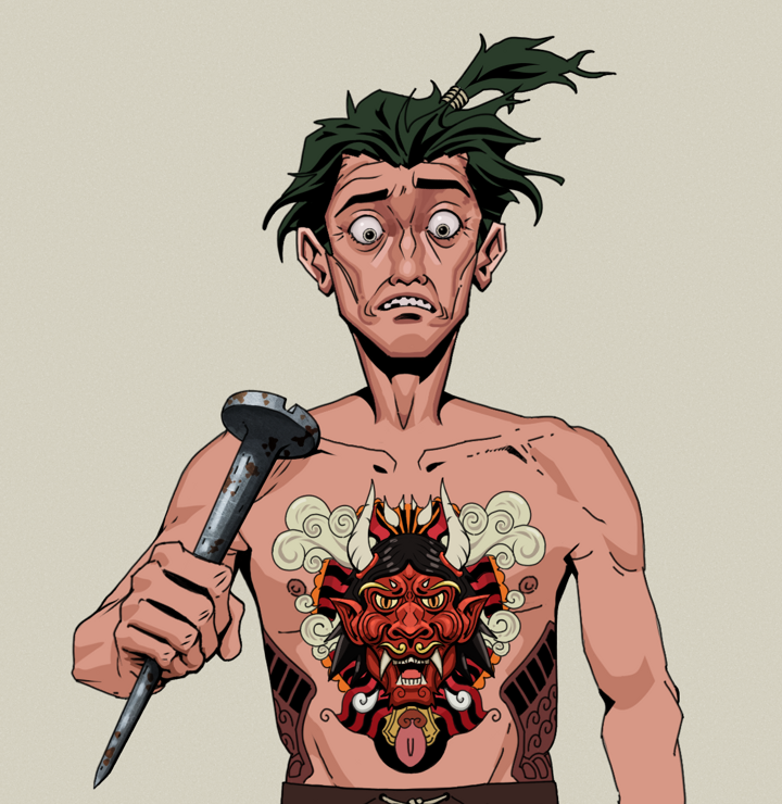 Shitless Botan — Degen Dojo NFT art (Shirtless Runt, Warm Grey, Degens, Red Oni Tattoo, Shitless Botan, Messy Ponytail, Rusty Nail, Mint)