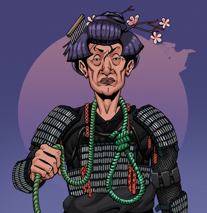 Goro — Degen Dojo NFT art (Shirtless Runt, Purple Night, Degens, Black Iron Tosei Gusoku, Goro, Disheveled Geisha, Noose, Mint)