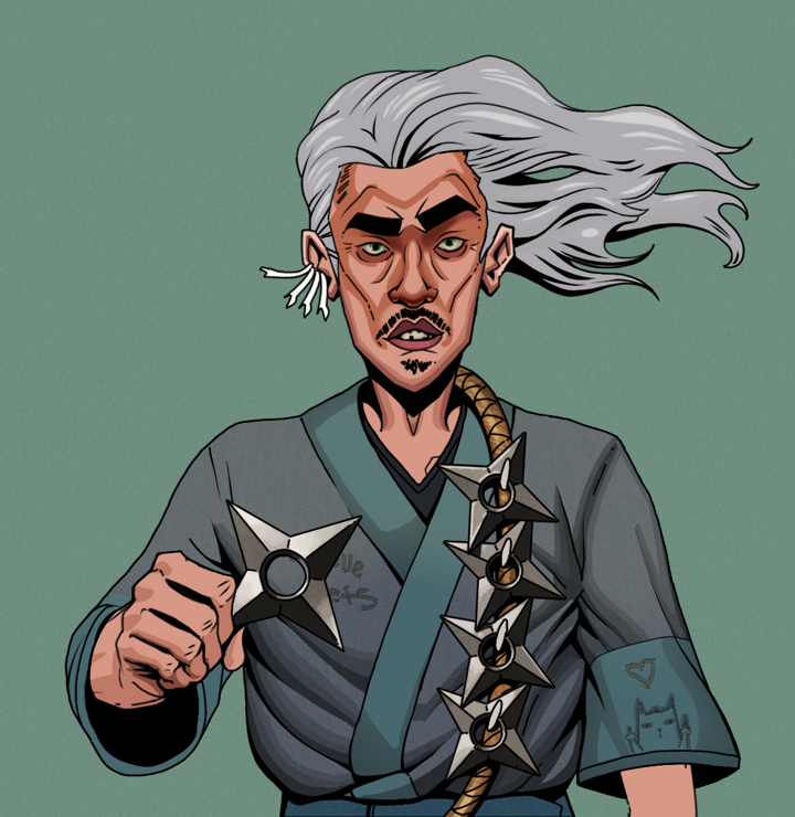 Gloomy Masumi — Degen Dojo NFT art (Chicken Bones, Olive Green, Degens, Cet Kimono, Gloomy Masumi, Shirtless Runt, Wise Greatness, Shuriken Belt, Mint)