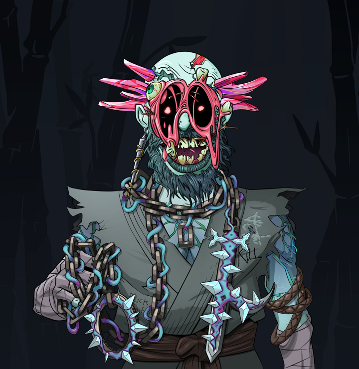 Igor The Bear — Degen Dojo NFT art (Shark Tooth, Night Forest, Demons, Student Gi, Igor The Bear, Pocket Glasses, Dejen Mohawk, Heavy Kyoketsu, Mint)