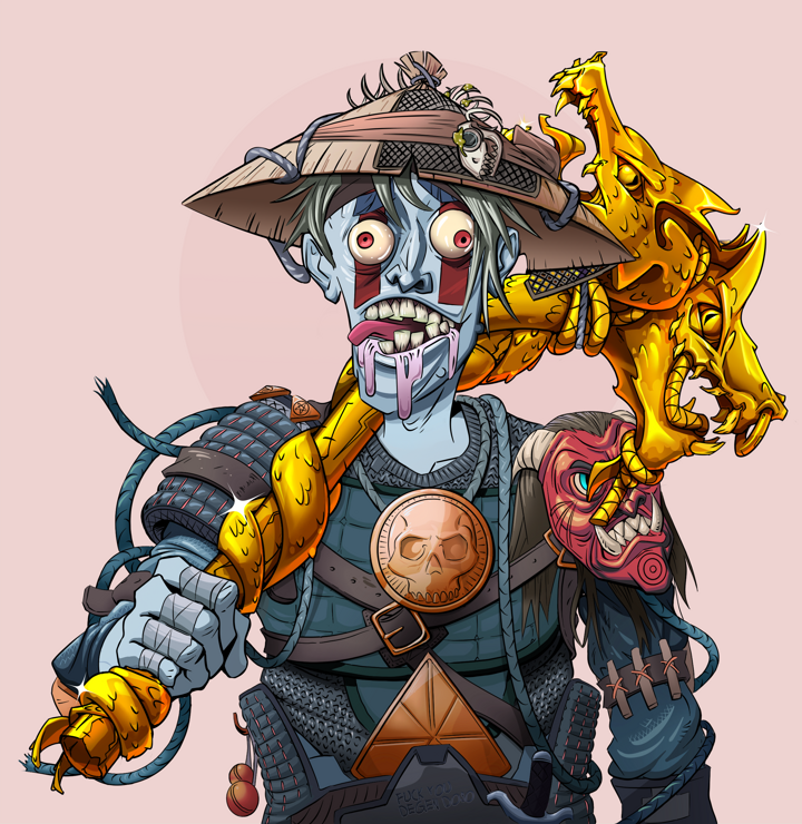 Drooling Azuma — Degen Dojo NFT art (Shirtless Runt, Red High Moon, Demons, Tatami Tosei Gusoku, Drooling Azuma, Wide Kasa Fisherman, Golden Warhammer, Mint)