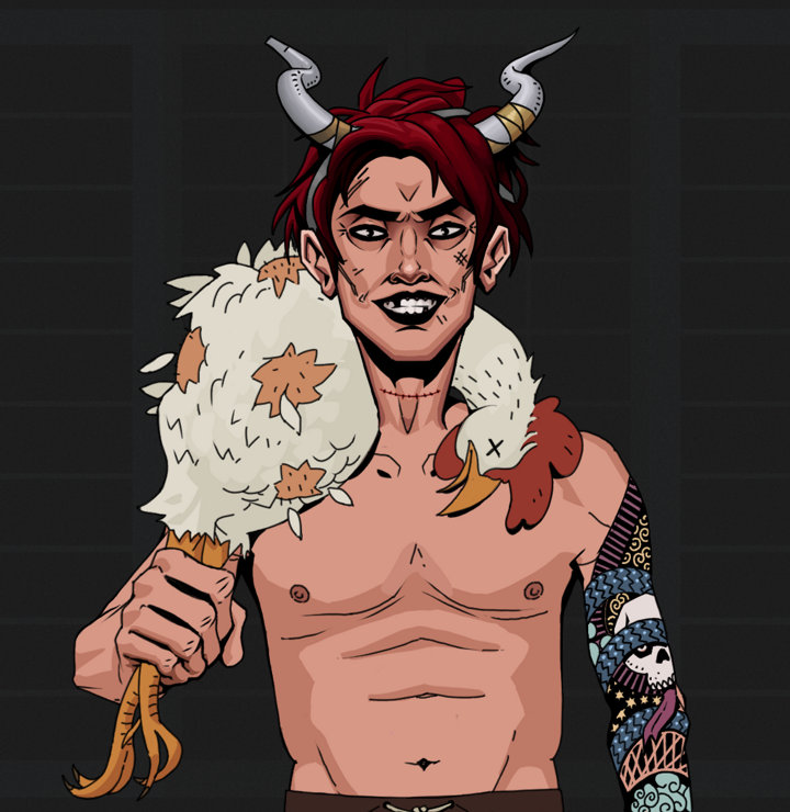 Junichiro Reborn — Degen Dojo NFT art (Shirtless Runt, Shoji Night, Degens, Skull Sleeve, Junichiro Reborn, Grey Oni Horns, Chicken, Mint)