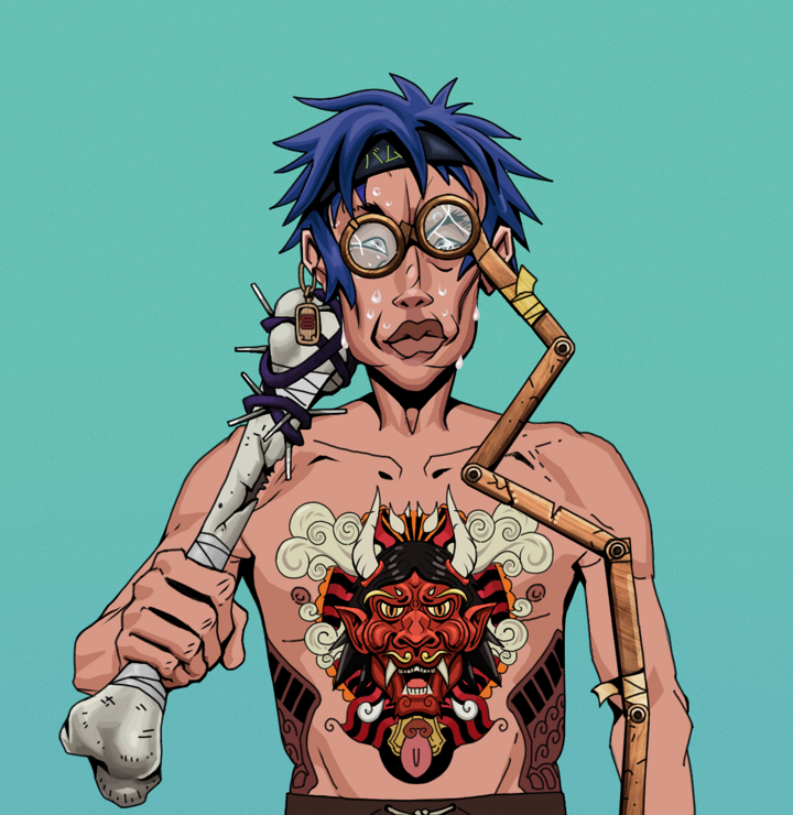 Stresshead Rin — Degen Dojo NFT art (Dojo Paper Earring, Teal Daytime, Degens, Red Oni Tattoo, Stresshead Rin, Telescopic Glasses, Bum Headband Ruffian, Spiky Femur, Mint)