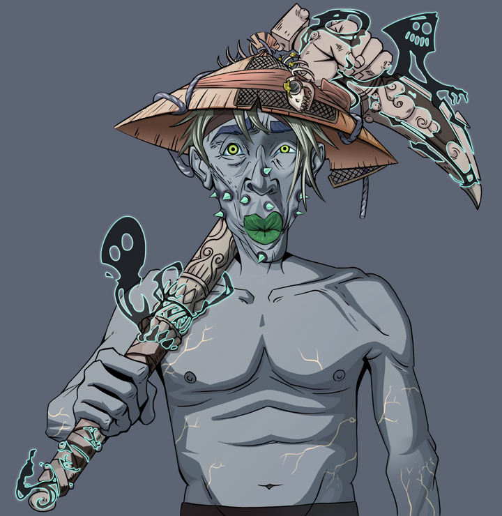 Gloomy Masumi — Degen Dojo NFT art (Shirtless Runt, Shoji Night, Demons, Gloomy Masumi, Wide Kasa Fisherman, Bronze Fisted Sickle, Mint)