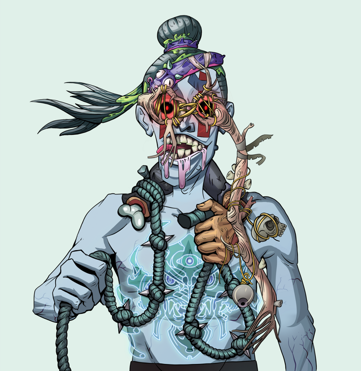 Drooling Azuma — Degen Dojo NFT art (Shirtless Runt, Teal Daytime, Demons, Blue Oni Tattoo, Drooling Azuma, Telescopic Glasses, Long Flowing, Noose, Mint)