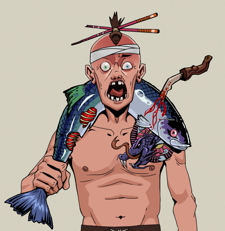 Tokuda — Degen Dojo NFT art (Shirtless Runt, Warm Grey, Degens, Dragon Head Tattoo, Tokuda, Hair Bun With Chopsticks, Dead Fish, Mint)