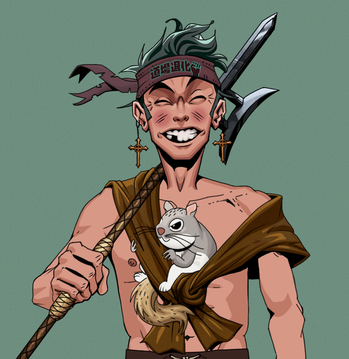 Cheery Haru — Degen Dojo NFT art (Jesuit Crosses, Olive Green, Degens, Little Momonga Friend, Cheery Haru, Shirtless Runt, Degen Dojo Headband, Bishamon Yari, Mint)