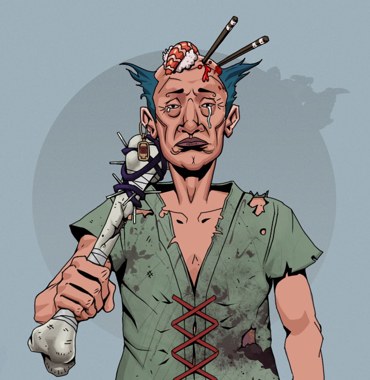 Teary Goro — Degen Dojo NFT art (Dojo Paper Earring, Grey Mist, Degens, Dirty Peasant Rags, Teary Goro, Shirtless Runt, Sushi Fight, Spiky Femur, Mint)