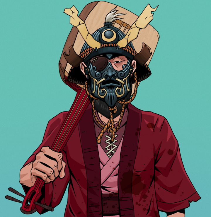 Igor The Veteran — Degen Dojo NFT art (Shirtless Runt, Teal Daytime, Degens, Red Warrior Kimono, Igor The Veteran, Tatami Kabuto, Shamisen, Mint)