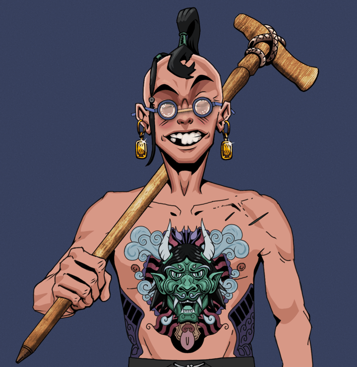 Cheery Haru — Degen Dojo NFT art (Gold Earrings, Blue Evening, Degens, Blue Oni Tattoo, Cheery Haru, Spectacles, Dejen Samurai, Wooden Walking Cane, Mint)