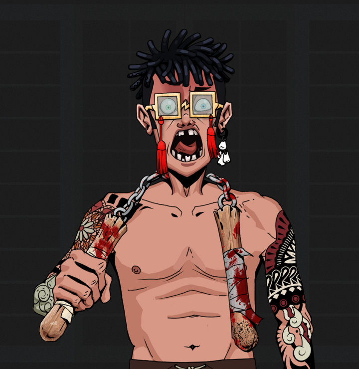 Tokuda — Degen Dojo NFT art (Foes Teeth, Shoji Night, Degens, Yakuza Tattoo Sleeves, Tokuda, Shoji Tassel Glasses, Black Bantu Knots, Bloody Nunchucks, Mint)