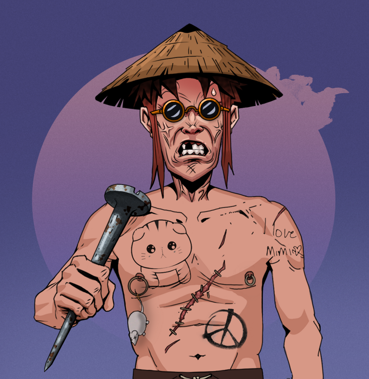 Angry Ikari — Degen Dojo NFT art (Shirtless Runt, Purple Night, Degens, Recovering Alcoholic, Angry Ikari, Dark Spectacles, Rice Hat, Rusty Nail, Mint)