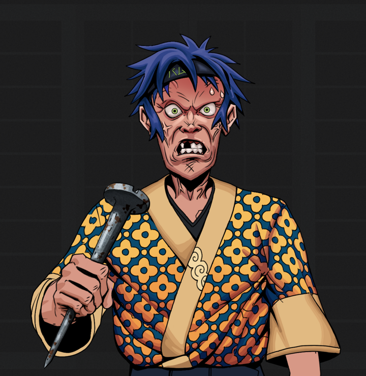 Angry Ikari — Degen Dojo NFT art (Shirtless Runt, Shoji Night, Degens, Yellow Flowers Silk Kimono, Angry Ikari, Bum Headband Ruffian, Rusty Nail, Mint)