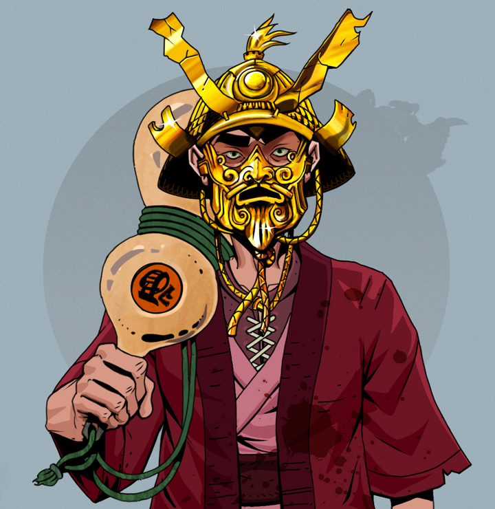 Gloomy Masumi — Degen Dojo NFT art (Shirtless Runt, Grey Mist, Degens, Red Warrior Kimono, Gloomy Masumi, Golden Kabuto, Giant Sake Bottle, Mint)