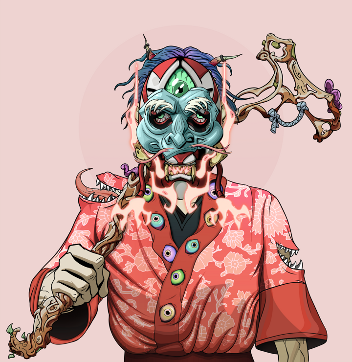 Edmundo — Degen Dojo NFT art (Shirtless Runt, Red High Moon, Demons, Silken Sunflower Kimono, Edmundo, Kitsune Mask, Wavy, Wooden Walking Cane, Mint)