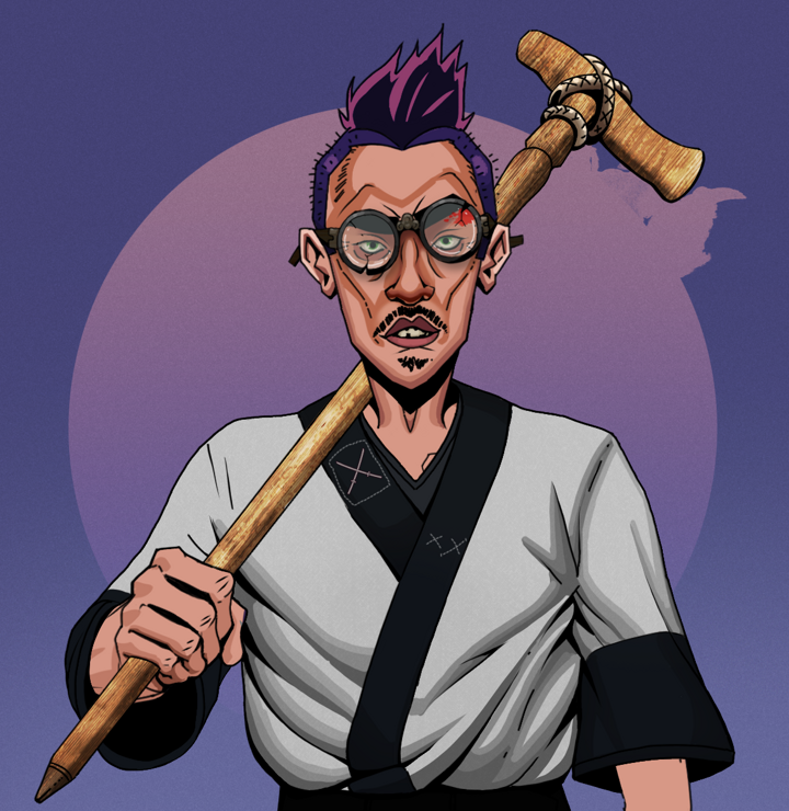 Gloomy Masumi — Degen Dojo NFT art (Shirtless Runt, Purple Night, Degens, Katana Kimono, Gloomy Masumi, Bloodied Glasses, Yakuza Hooligan, Wooden Walking Cane, Mint)