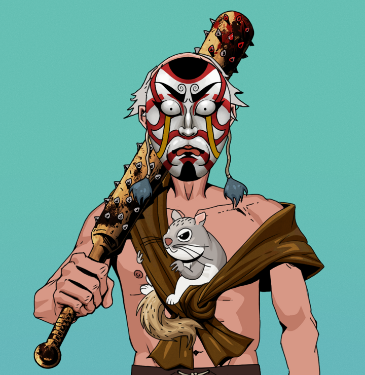 Akuma — Degen Dojo NFT art (Shirtless Runt, Teal Daytime, Degens, Little Momonga Friend, Akuma, Kitsune Mask, Kung Fu Master, Yakuza Club, Mint)