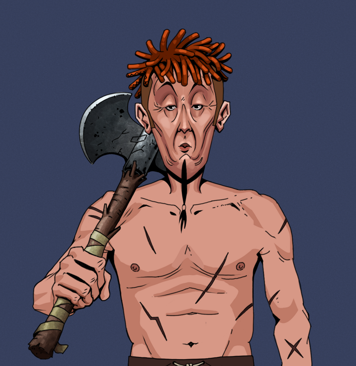 Edmundo — Degen Dojo NFT art (Shirtless Runt, Blue Evening, Degens, Battle Scars, Edmundo, Orange Bantu Knots, Axe, Mint)