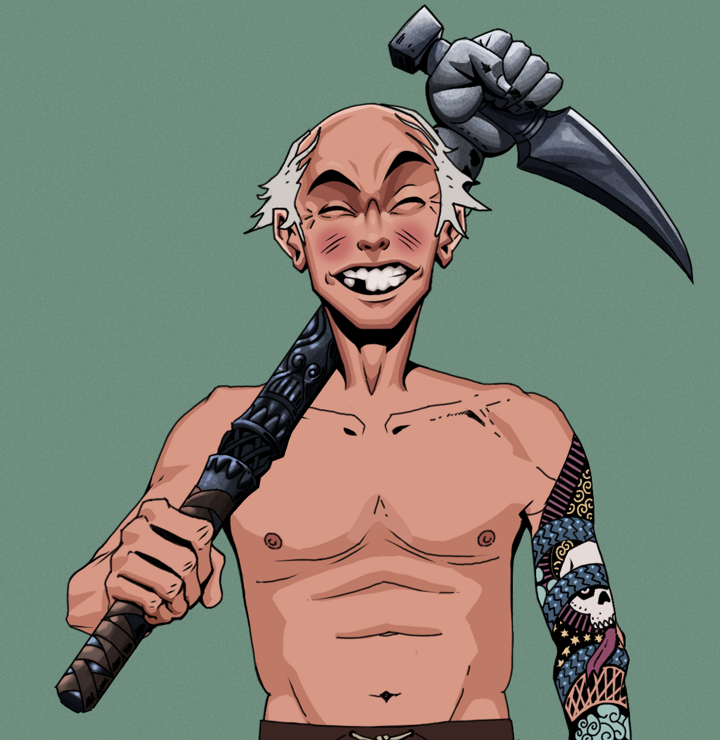 Cheery Haru — Degen Dojo NFT art (Shirtless Runt, Olive Green, Degens, Skull Sleeve, Cheery Haru, Kung Fu Master, Stone Fist-Sickle, Mint)