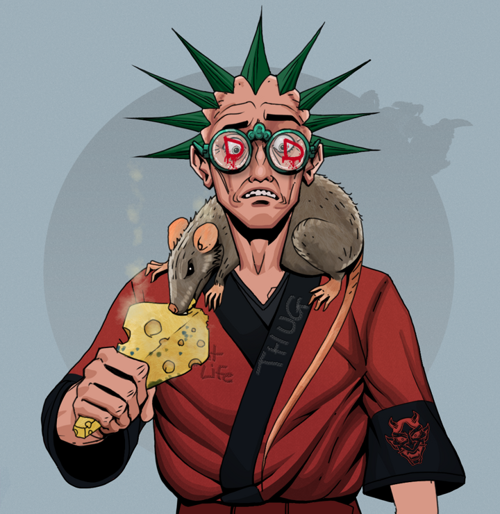Shitless Botan — Degen Dojo NFT art (Shirtless Runt, Grey Mist, Degens, Red Oni Kimono, Shitless Botan, Dojo Graffiti, Zapachi, Mr. Rumi The Rat, Mint)
