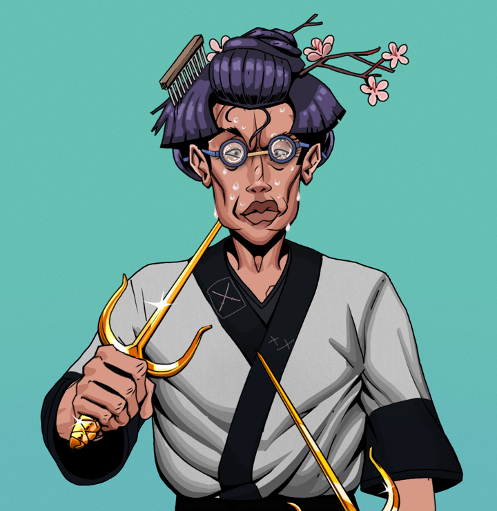 Stresshead Rin — Degen Dojo NFT art (Shirtless Runt, Teal Daytime, Degens, Katana Kimono, Stresshead Rin, Spectacles, Disheveled Geisha, Golden Sai, Mint)
