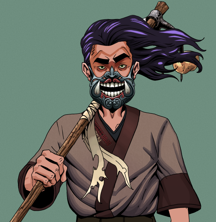 Gloomy Masumi — Degen Dojo NFT art (Shirtless Runt, Olive Green, Degens, Degen Dojo Kimono, Gloomy Masumi, Hannya Half Mask, Flowing Battousai, Farmers Hoe, Mint)