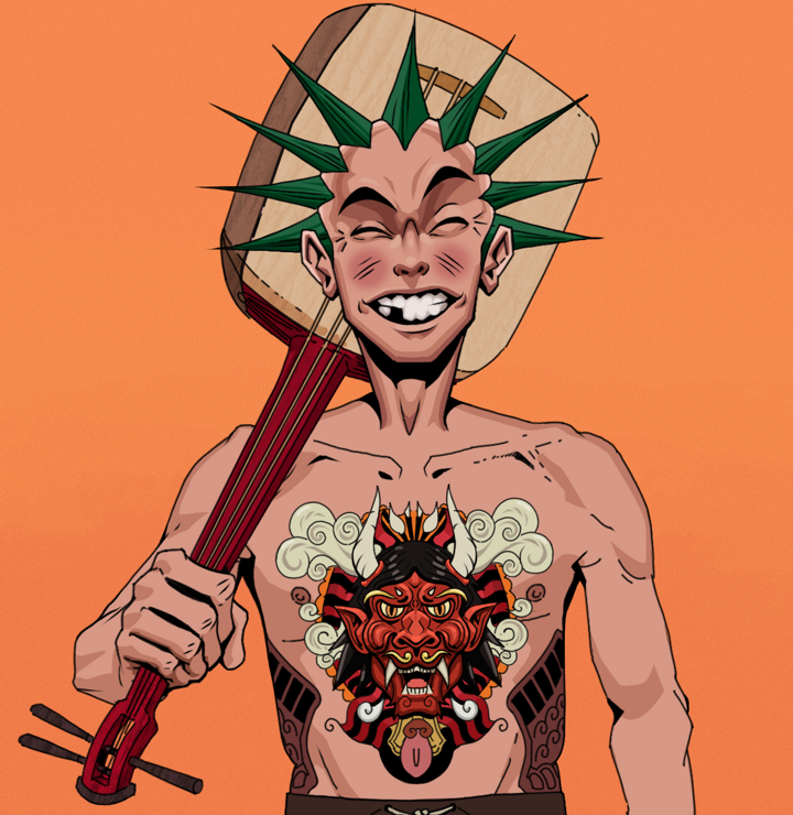 Cheery Haru — Degen Dojo NFT art (Shirtless Runt, Orange Afternoon, Degens, Red Oni Tattoo, Cheery Haru, Zapachi, Shamisen, Mint)