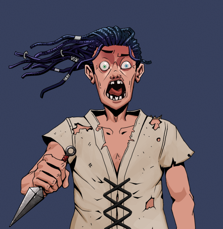 Tokuda — Degen Dojo NFT art (Shirtless Runt, Blue Evening, Degens, Rice Sack Rags, Tokuda, Flowing Dreads, Kunai, Mint)