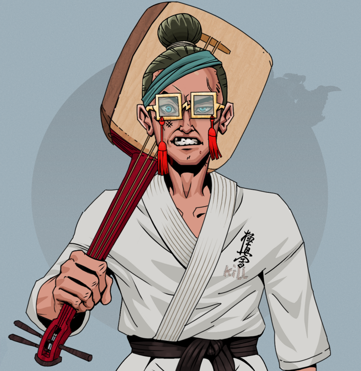 Akuma — Degen Dojo NFT art (Shirtless Runt, Grey Mist, Degens, Student Gi, Akuma, Shoji Tassel Glasses, Hair Bun, Shamisen, Mint)