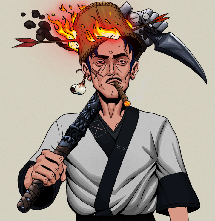Raikou The Stoner — Degen Dojo NFT art (Shaman Eyes, Warm Grey, Degens, Katana Kimono, Raikou The Stoner, Shirtless Runt, Burning Basket, Stone Fist-Sickle, Mint)