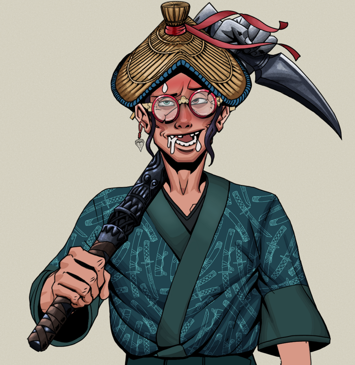 Yuuki — Degen Dojo NFT art (Shark Tooth, Warm Grey, Degens, Katanajamas Kimono, Yuuki, Broken Glasses, High Straw Rice Hat, Stone Fist-Sickle, Mint)
